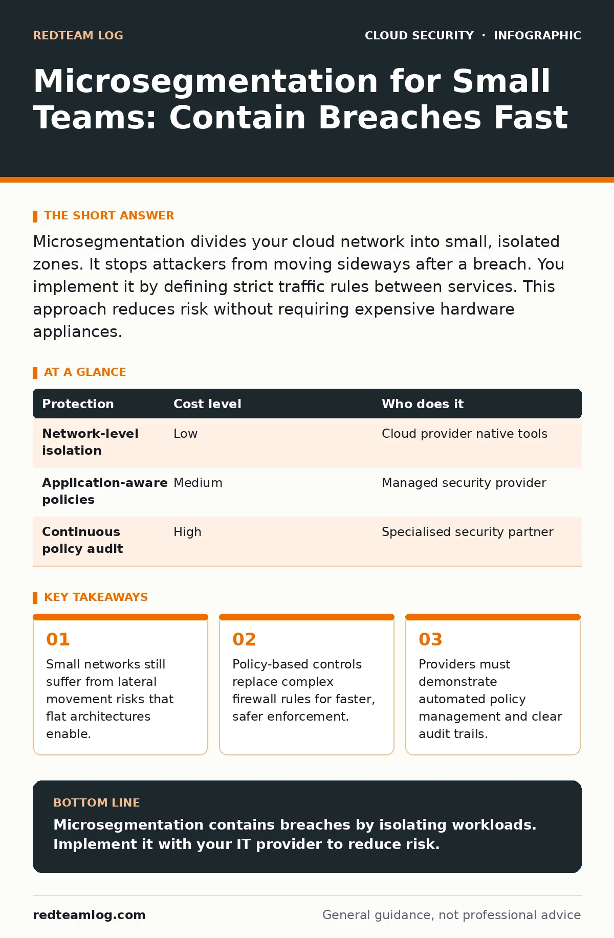 Infographic: Microsegmentation for Small Teams: Contain Breaches Fast. Small networks still suffer from lateral movement risks that flat architectures enable. Policy-based controls replace complex firewall rules for faster, safer enforcement. Providers must demonstrate automated policy management an