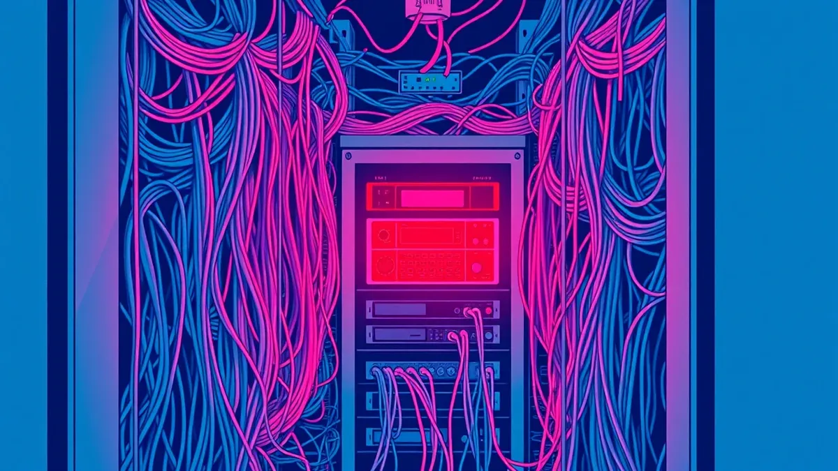 Illustration: A tangled mass of colorful cables inside a small server closet is sliced by sharp, invisible walls.