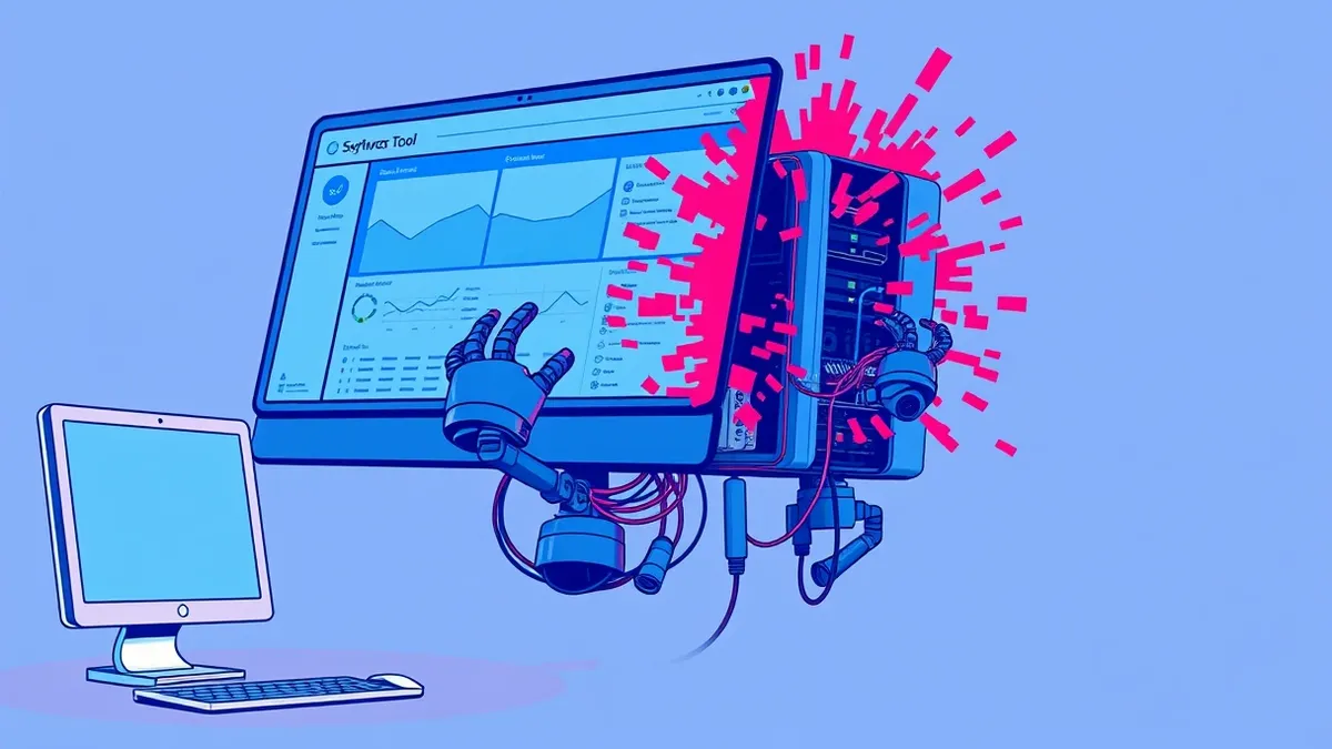 Illustration: A sleek remote management software interface floats in mid-air, its clean blue dashboard now corrupted by jagged red glitches that spread across the screen like digit