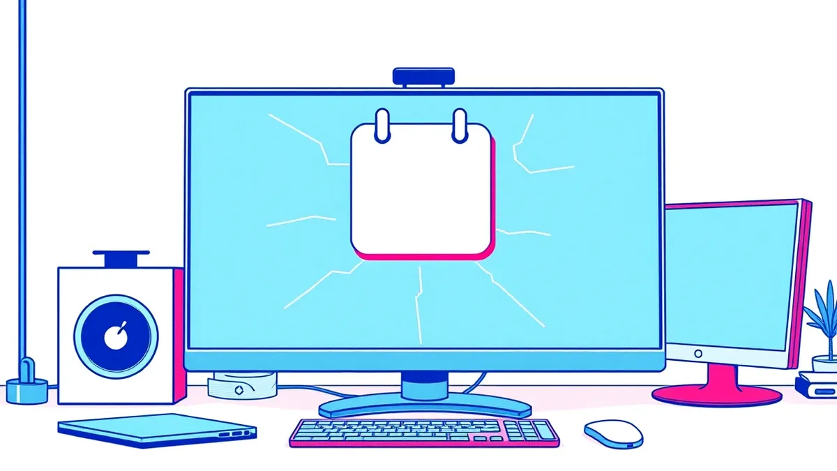 Illustration: A sleek white calendar icon floats above a generic video call interface, with subtle cracks appearing on the screen's surface.