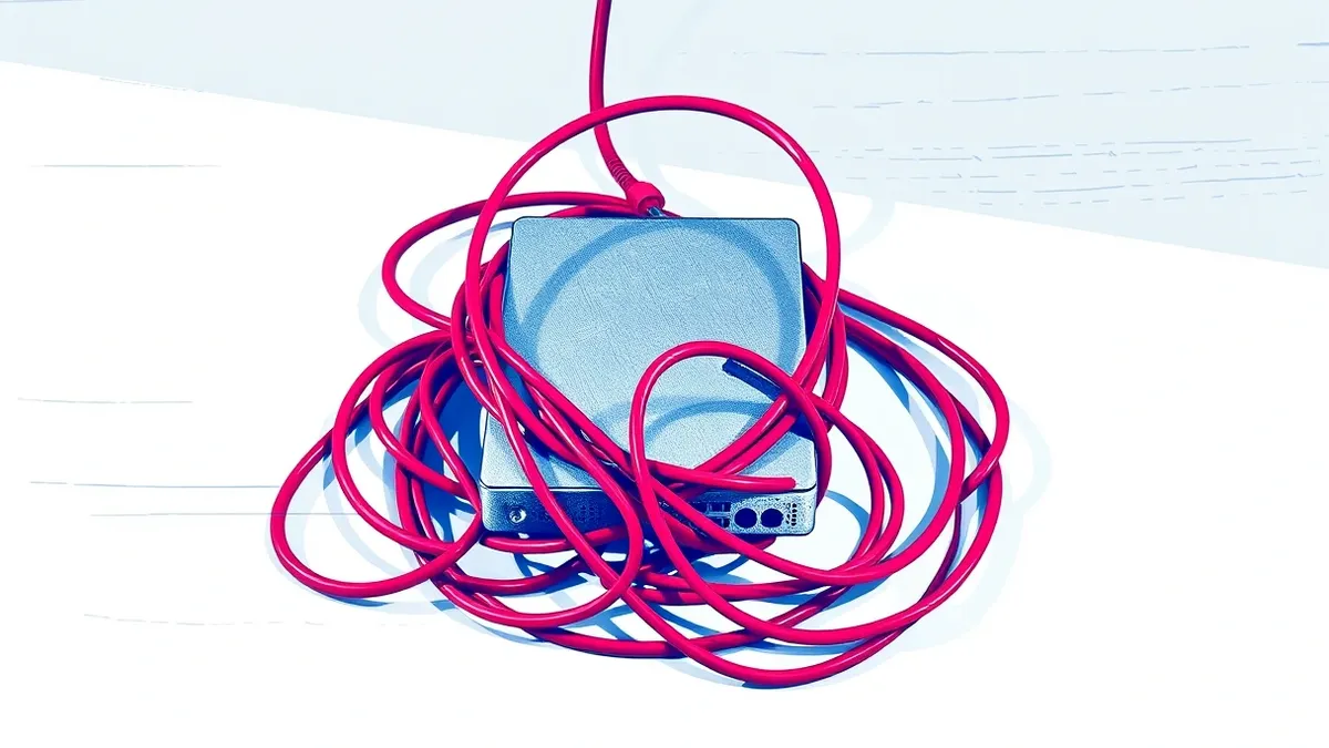 Illustration: A tangled knot of red cables strangles a silver external hard drive.