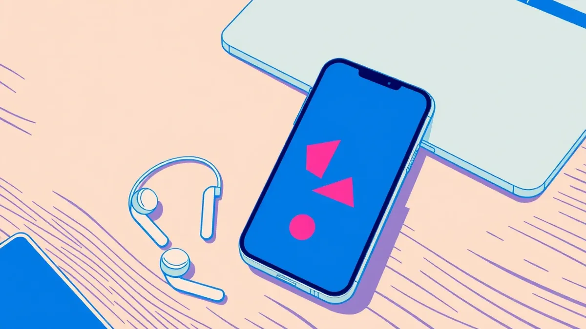 Illustration: A smartphone rests on a wooden desk next to a closed laptop.