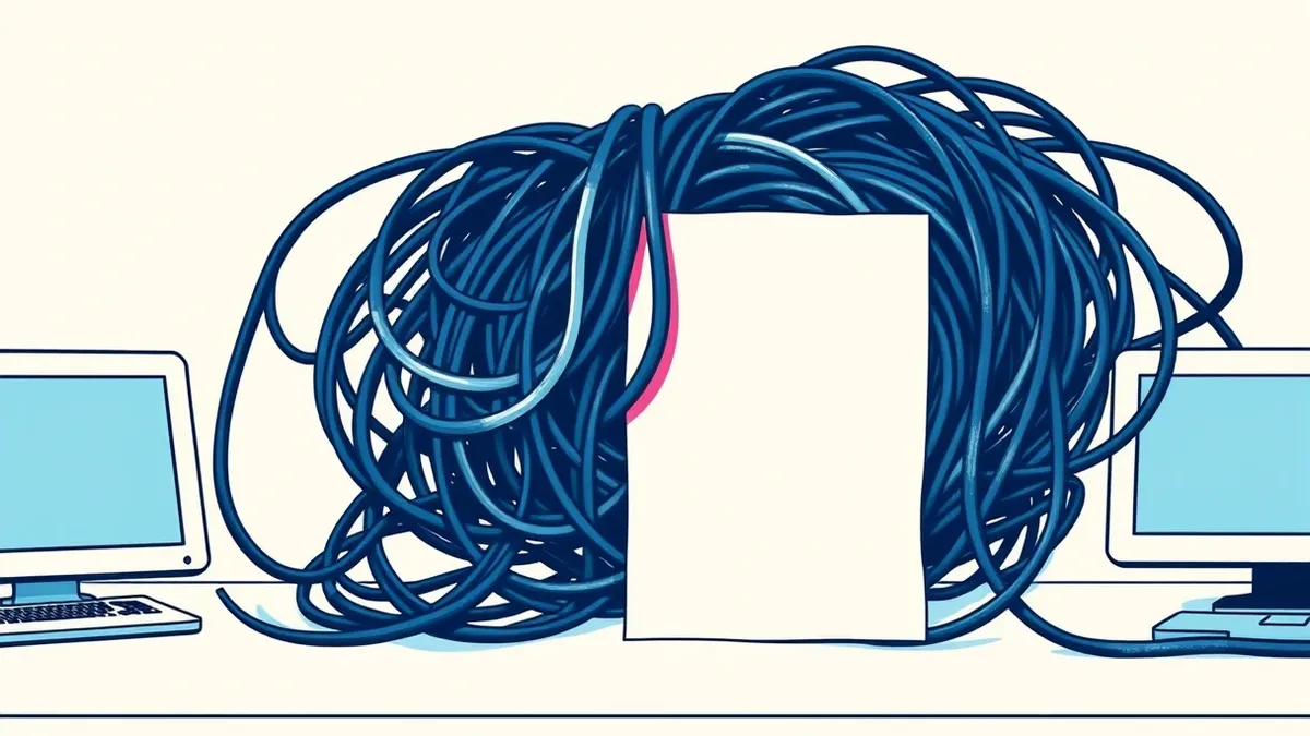 Illustration: A tangled knot of thick black cables sits on a sterile white desk next to a single blank piece of paper.