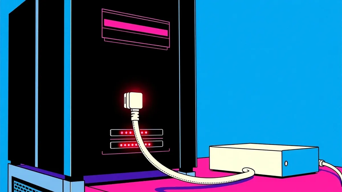 Illustration: A sleek black database server sits on a metal rack.