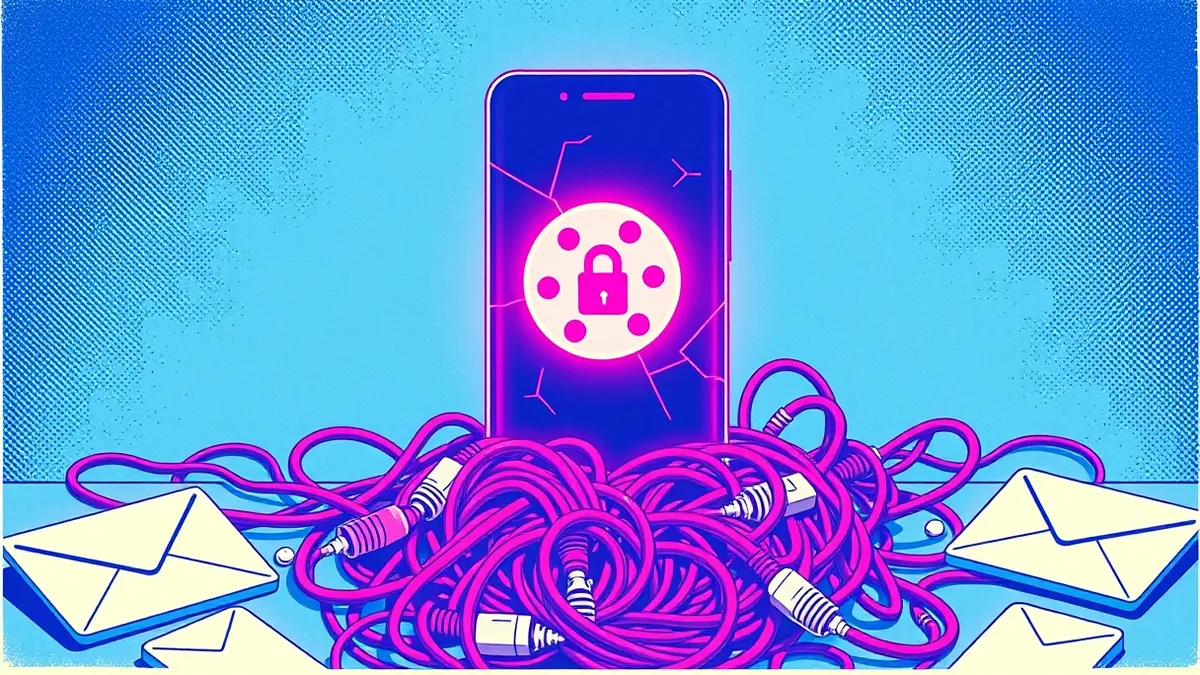 Illustration: A cracked smartphone screen glows with a hollow digital cookie shape hovering above a chaotic tangle of tangled ethernet cables and broken envelope icons, symbolizing