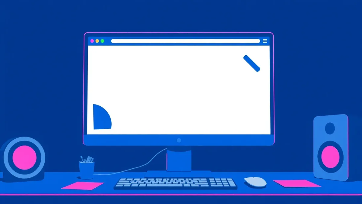 Illustration: A generic web browser window sits open on a dark office desk, displaying a blank white page with abstract geometric shapes in the corners.