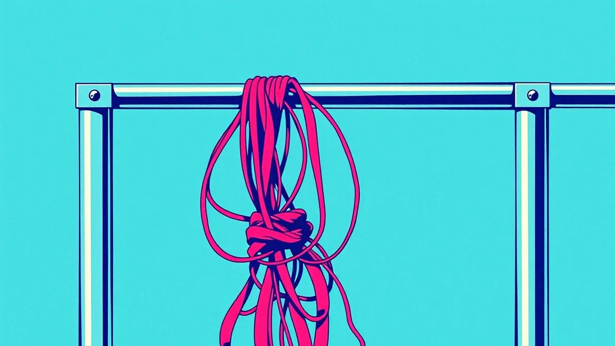 Illustration: A tangled knot of thin ribbons snags on the sharp edge of a metal frame, trapping several loose threads.