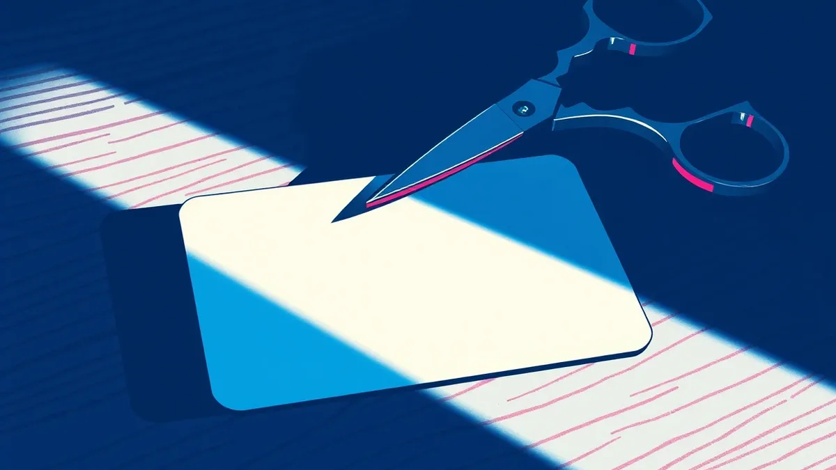 Illustration: A blank plastic gift card lies on a wooden table next to a pair of sharp scissors cutting through it.
