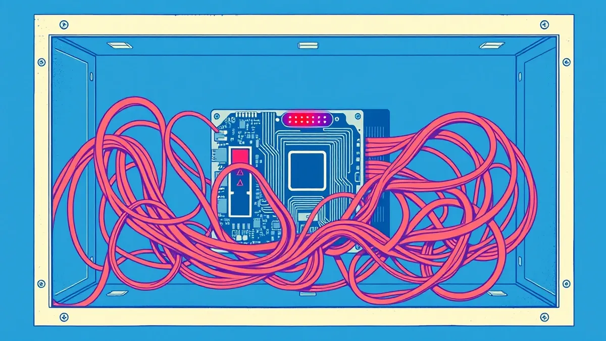 Illustration: A tangled knot of glowing orange wires tightens around a clean, silver circuit board inside a transparent glass case.