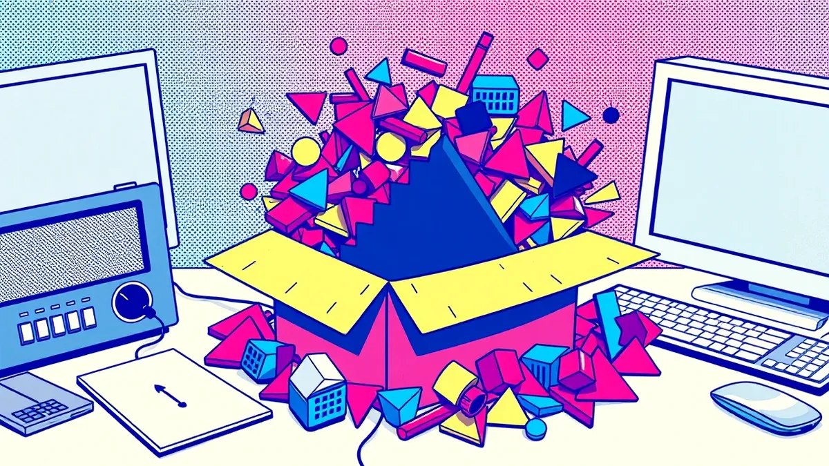 Illustration: A tangled mass of colorful geometric shapes spills from an open cardboard box onto a desk.