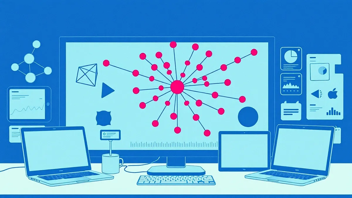 Illustration: A digital detective board displays abstract geometric shapes connected by tangled threads.
