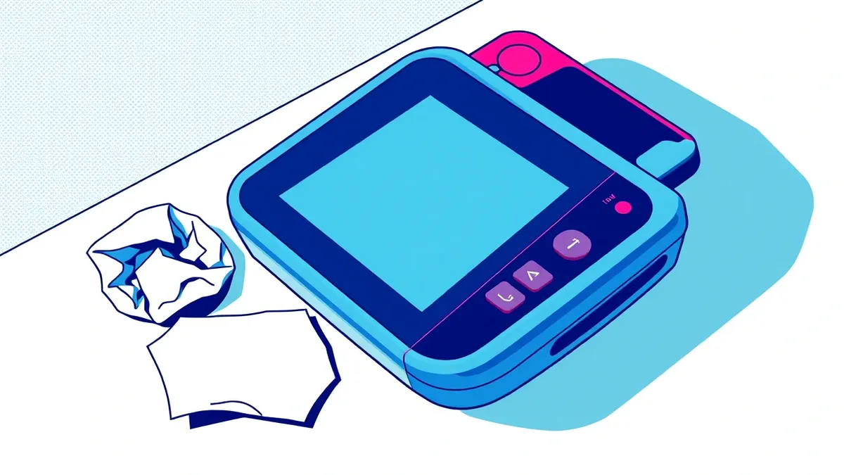 Illustration: A sleek medical monitoring device sits on a sterile white table beside a crumpled paper token.