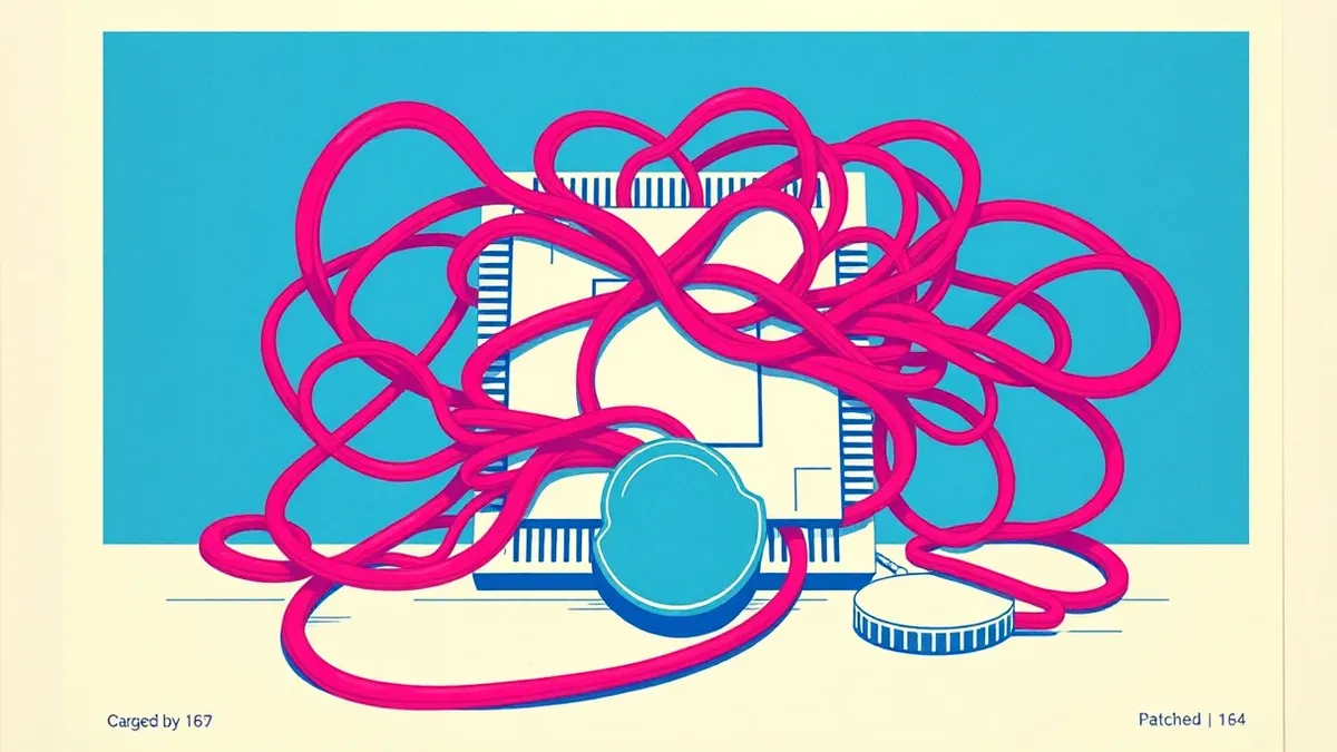 Illustration: A tangled knot of red threads chokes a white processing chip, symbolizing the algorithmic complexity flaw.