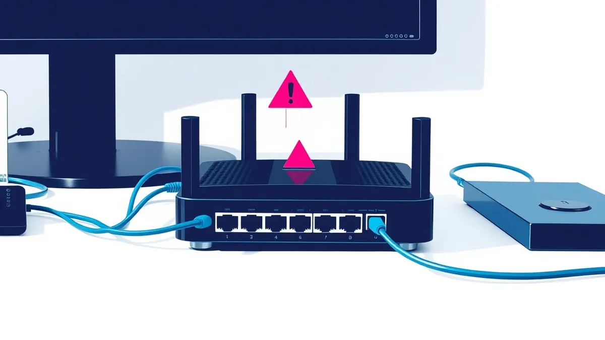 Illustration: A sleek black network router sits on a white desk.