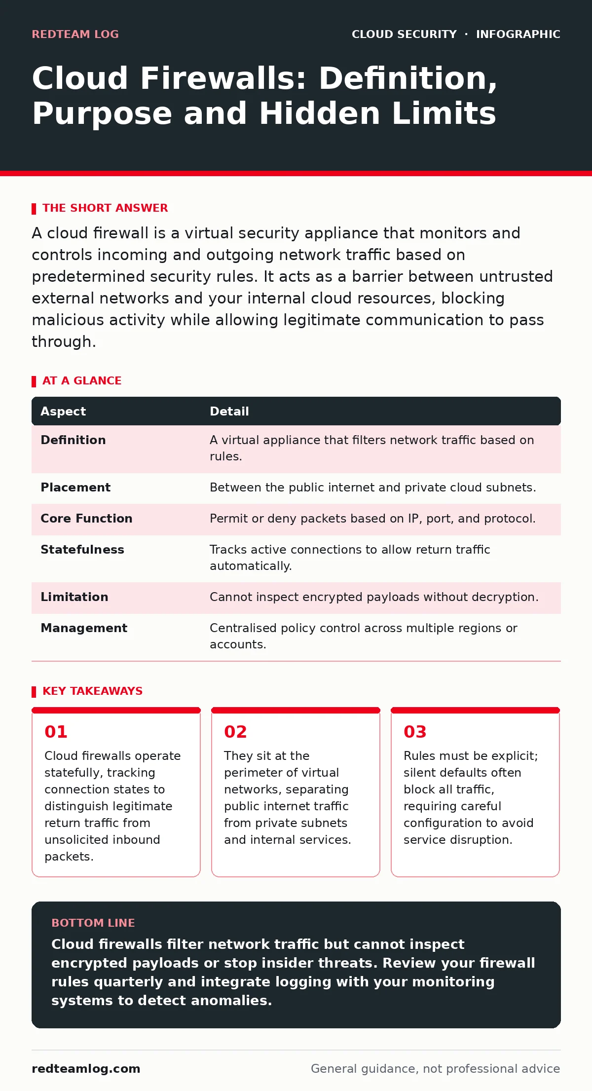 Infographic: Cloud Firewalls: Definition, Purpose and Hidden Limits. Cloud firewalls operate statefully, tracking connection states to distinguish legitimate return traffic from unsolicited inbound packets. They sit at the perimeter of virtual networks, separating public internet traffic from privat