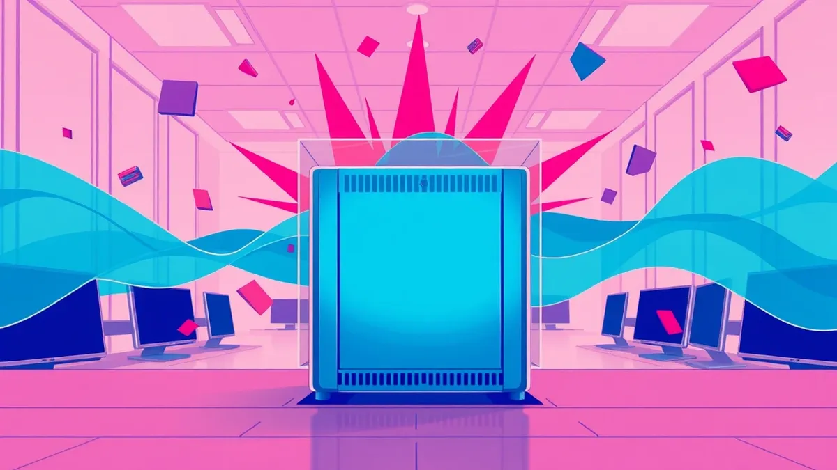 Illustration: A sleek, metallic network appliance sits in a bright office, surrounded by floating abstract geometric shapes representing data packets.