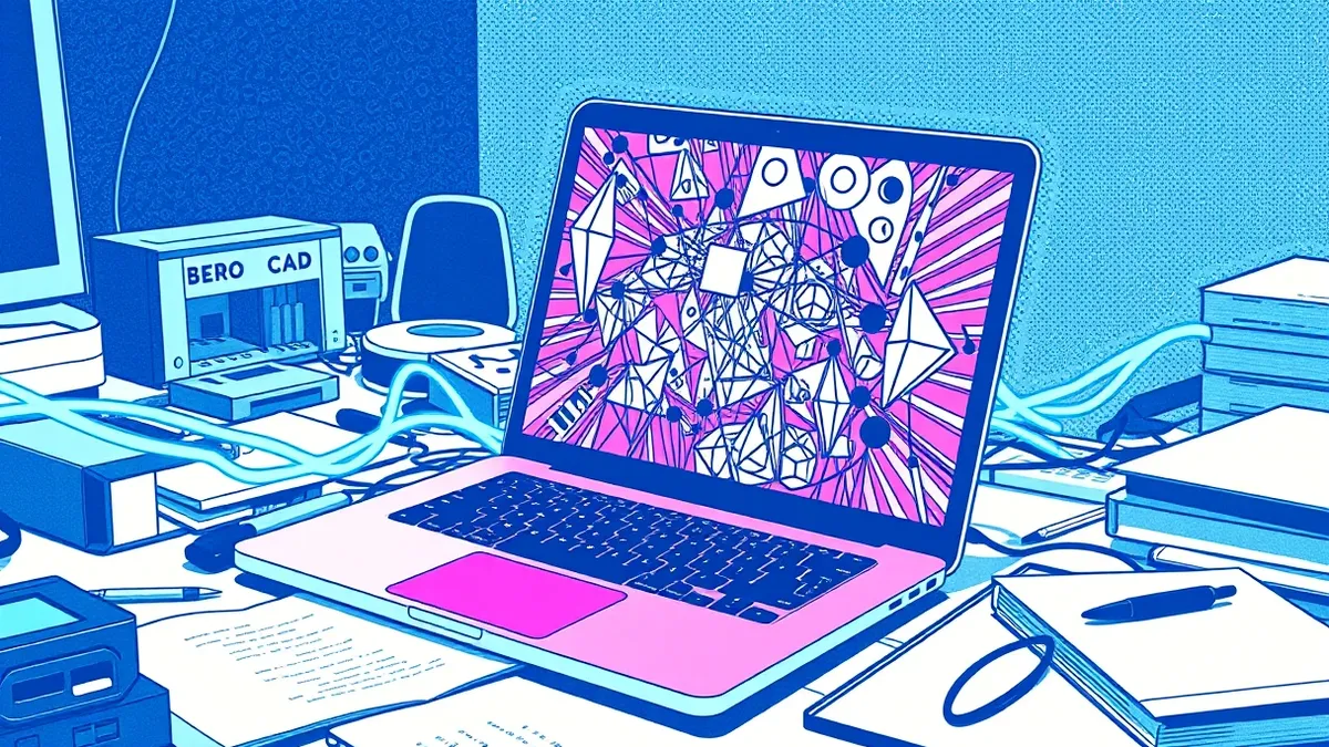 Illustration: A sleek laptop sits open on a cluttered desk, its screen displaying a chaotic tangle of abstract geometric shapes that seem to bleed into the device’s physical struct
