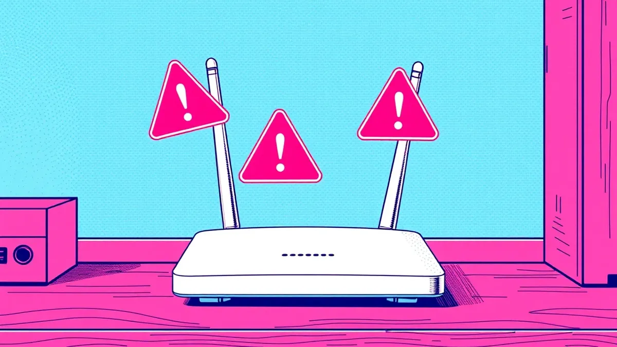 Illustration: A white wireless router sits on a wooden desk with its antenna tilted upward.