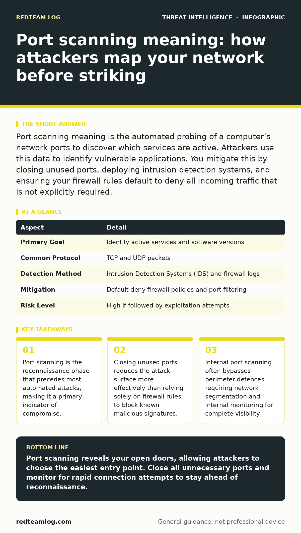 Infographic: Port scanning meaning: how attackers map your network before striking. Port scanning is the reconnaissance phase that precedes most automated attacks, making it a primary indicator of compromise. Closing unused ports reduces the attack surface more effectively than relying solely on fir