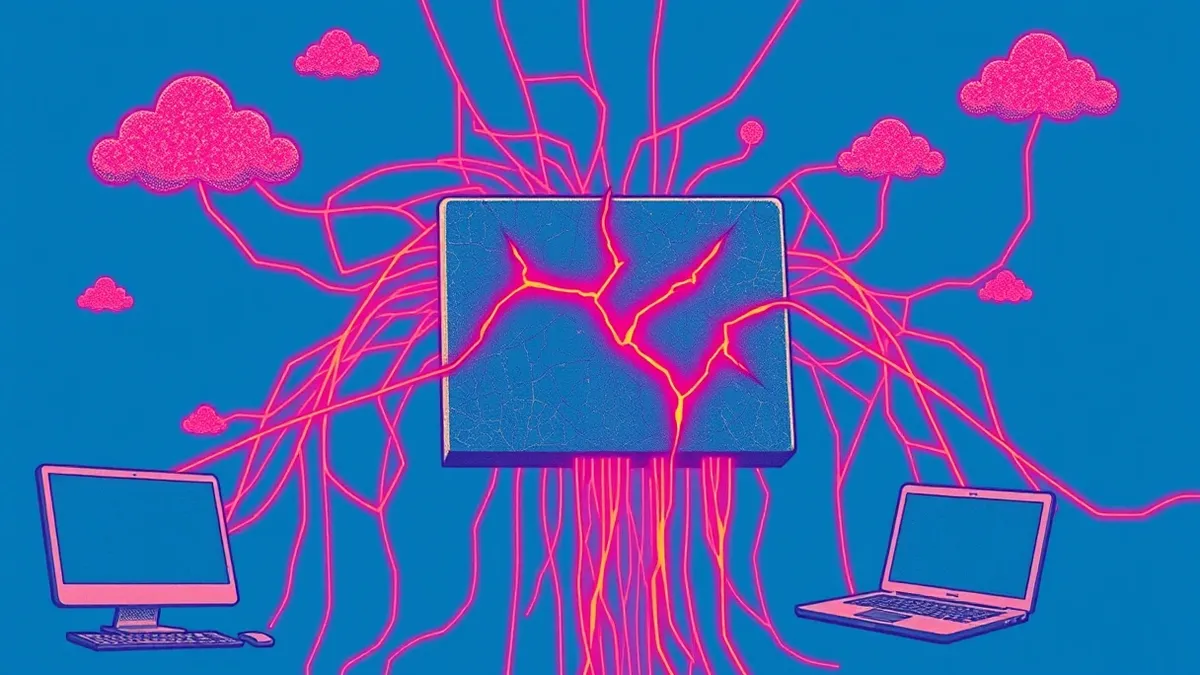 Illustration: A tangled web of glowing red lines connects floating cloud shapes to a central, misshapen configuration block.