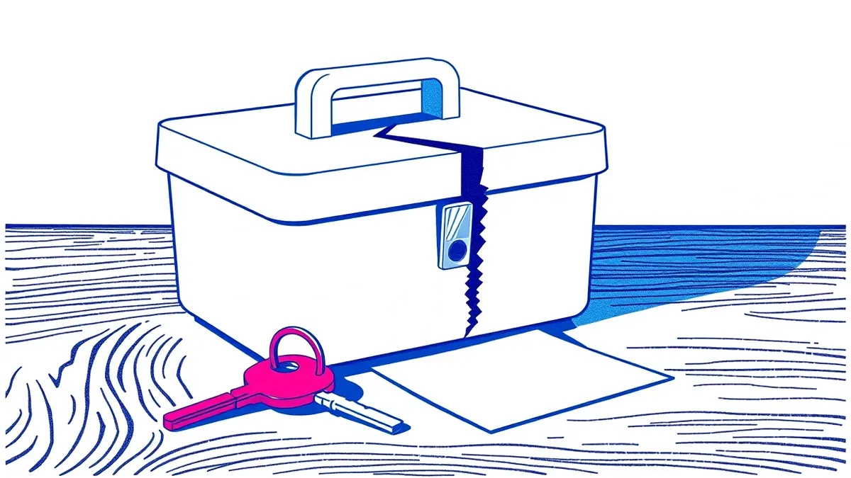 Illustration: A white plastic lockbox sits on a wooden table next to a red key.