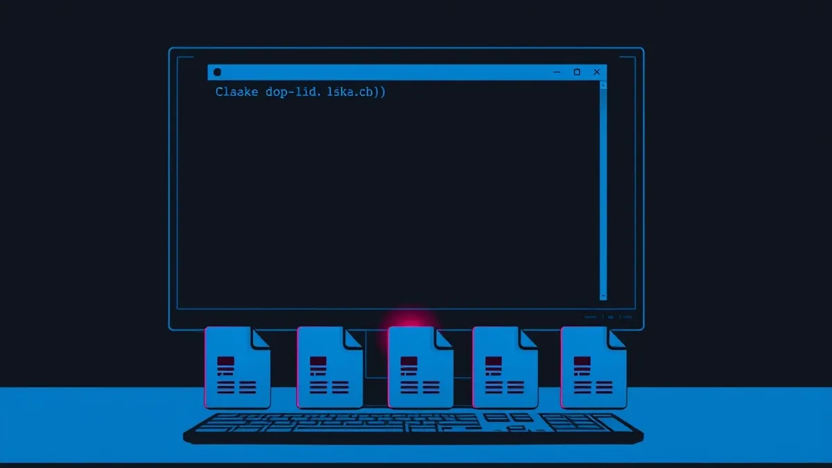Illustration: A dark terminal window displays a command prompt on a desktop monitor.