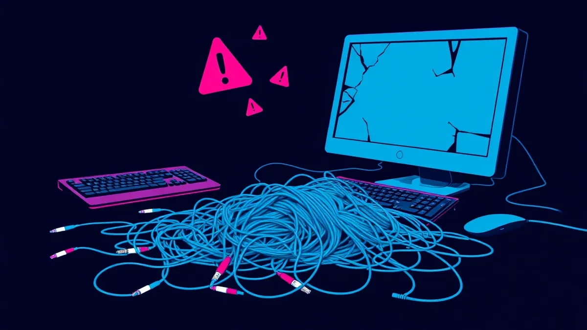 Illustration: A tangle of tangled ethernet cables lies discarded on a dark office floor, next to a shattered black keyboard and a cracked monitor.