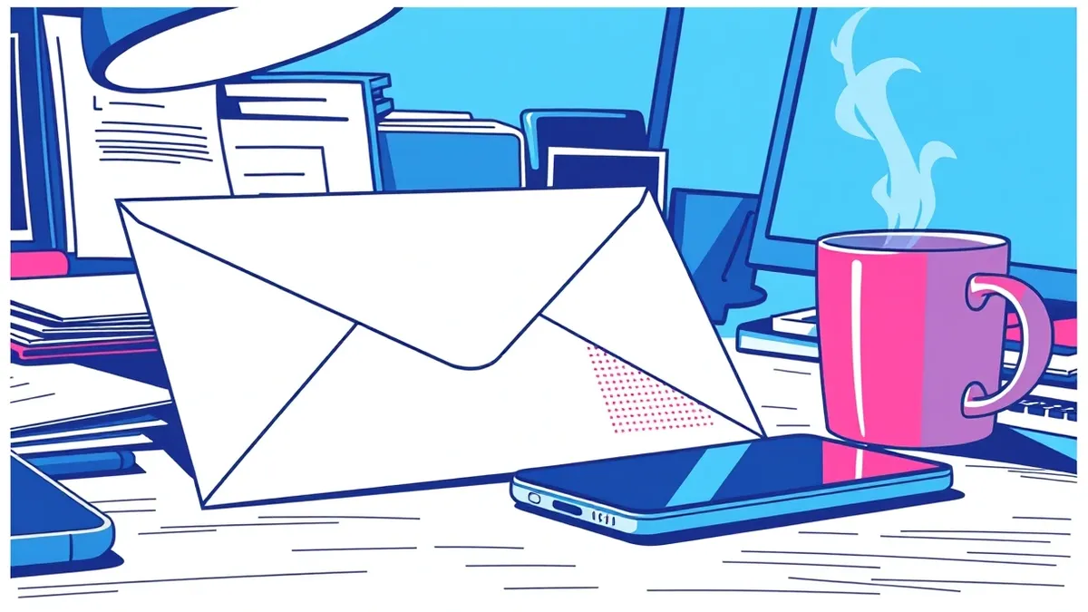 Illustration: A pristine white envelope rests on a cluttered office desk beside a steaming coffee mug and a sleek smartphone.
