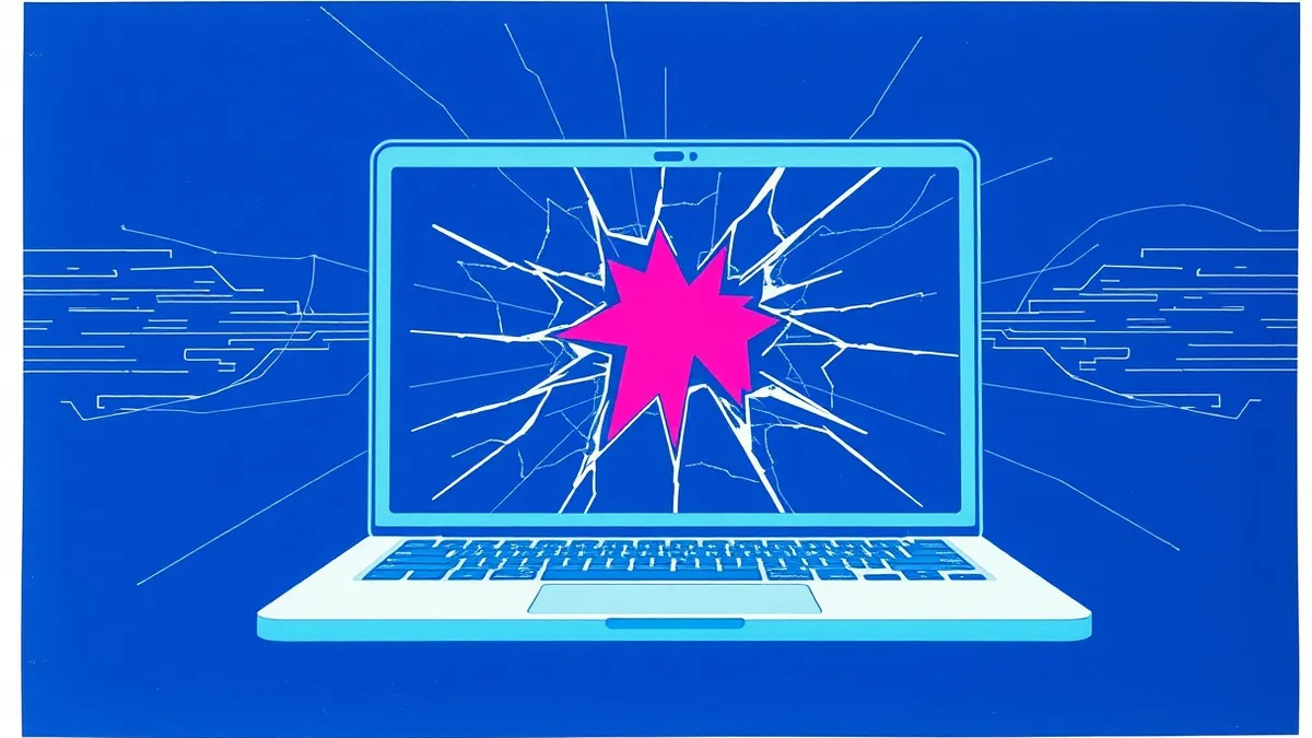 Illustration: A cracked laptop screen displays a fragmented, jagged digital interface with sharp geometric shards bursting outward from the center, symbolizing a broken code struct