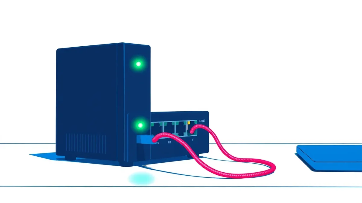Illustration: A sleek black network gateway sits on a plain white desk with its single green status light glowing steadily.