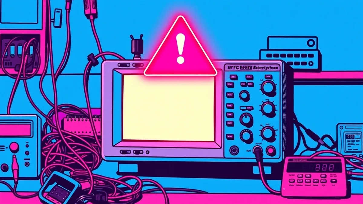 Illustration: A sleek digital oscilloscope sits on a cluttered laboratory bench beside tangled multimeter probes and circuit boards.