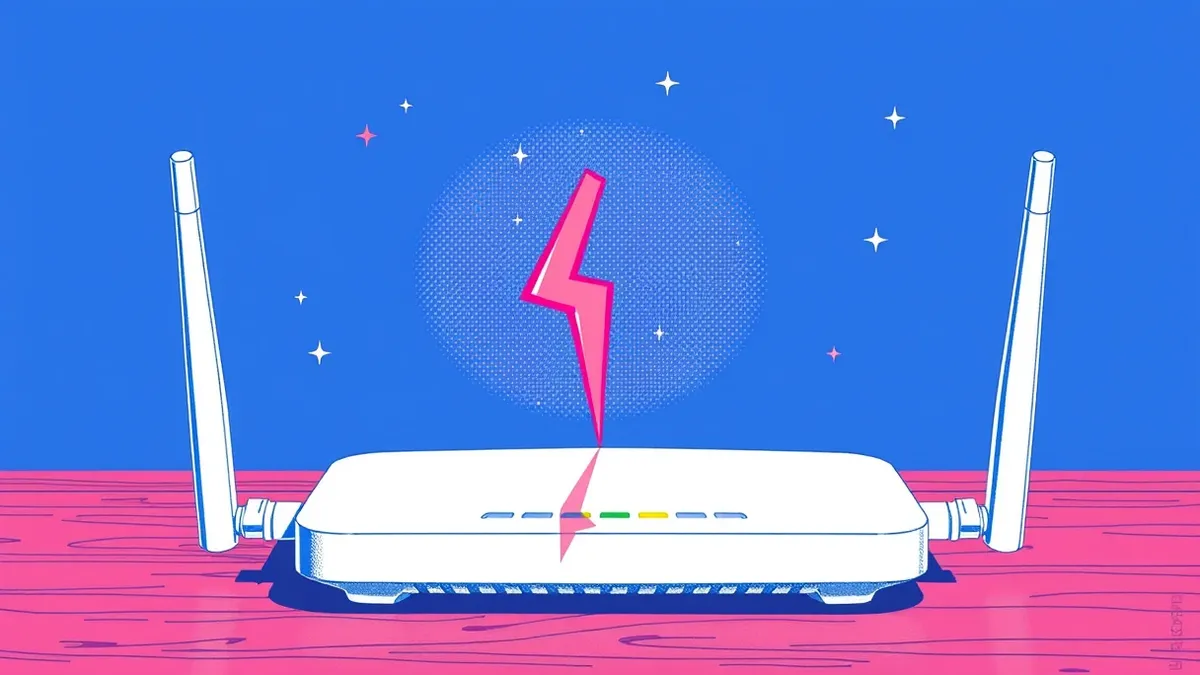 Illustration: A white Wi-Fi router sits on a wooden table with its antenna pointing upward.
