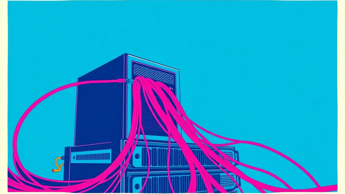 Illustration: A sleek enterprise server sits on a metal rack, its network cable snaking out and splitting into multiple uncontrolled strands.