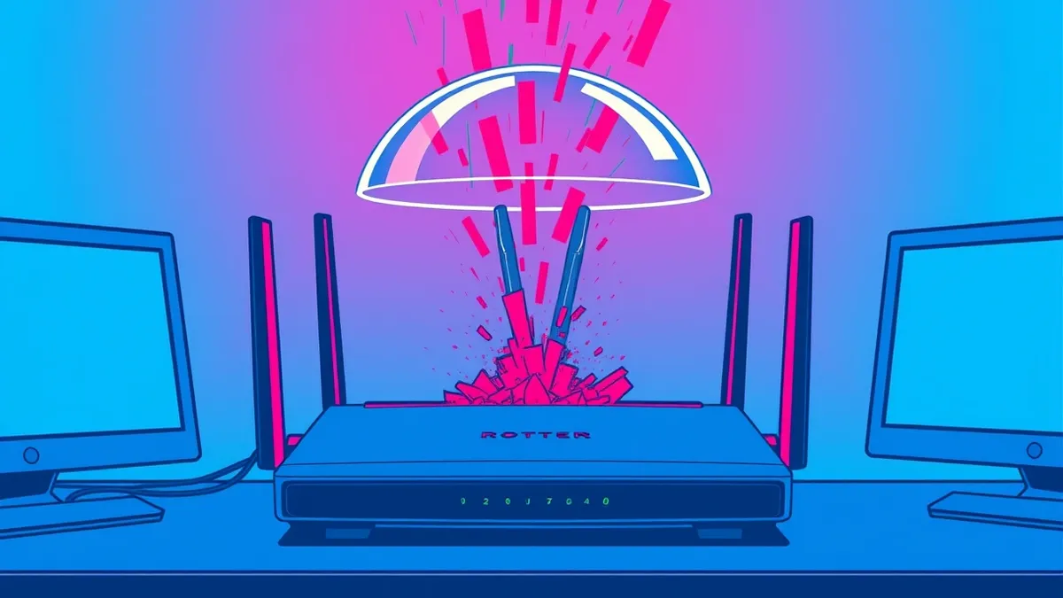 Illustration: A sleek router sits on a desk with a transparent dome hovering above its antennas.
