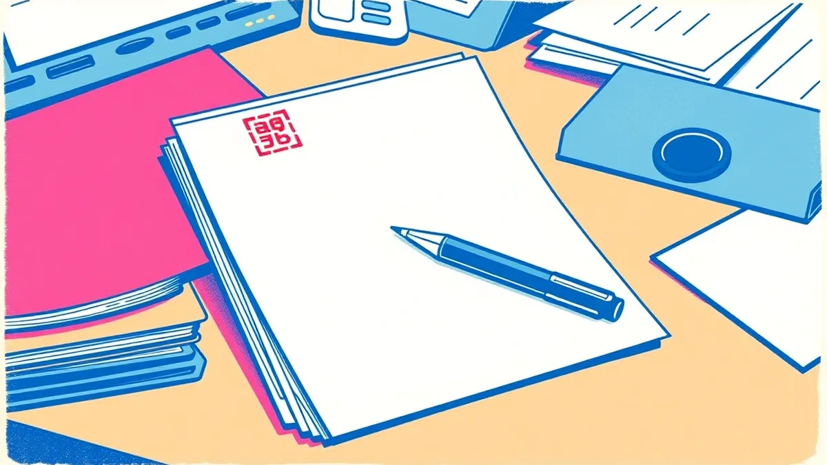 Illustration: A cluttered office desk holds a stack of blank memo pads next to two distinct colored folders.