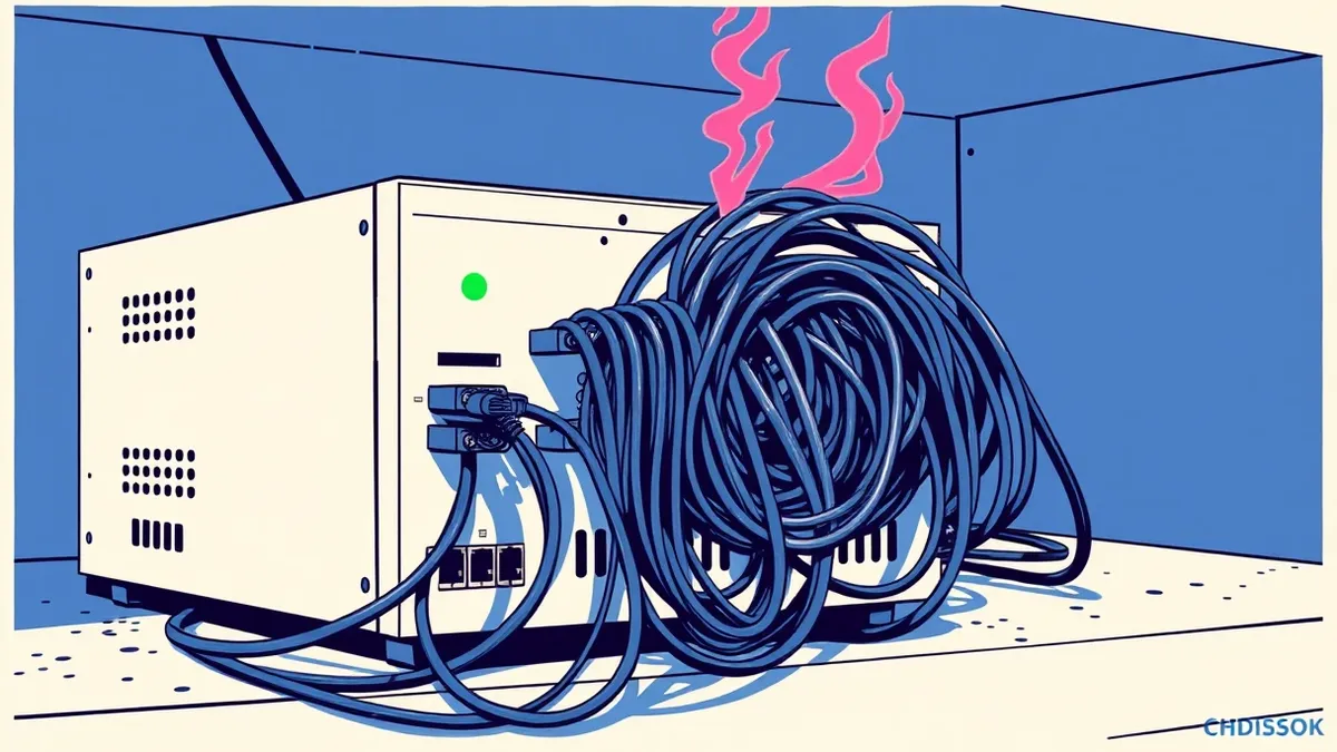 Illustration: A white network appliance sits on a dusty shelf, its single green status light blinking steadily.
