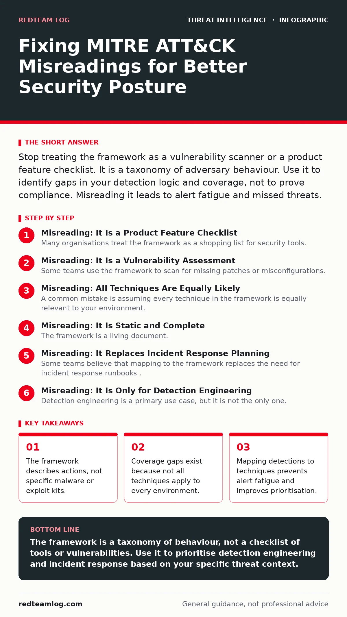 Infographic: Fixing MITRE ATT&CK Misreadings for Better Security Posture. The framework describes actions, not specific malware or exploit kits. Coverage gaps exist because not all techniques apply to every environment. Mapping detections to techniques prevents alert fatigue and improves prioritisat