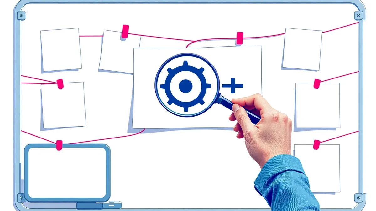 Illustration: A whiteboard covered in blank sticky notes connected by red string.