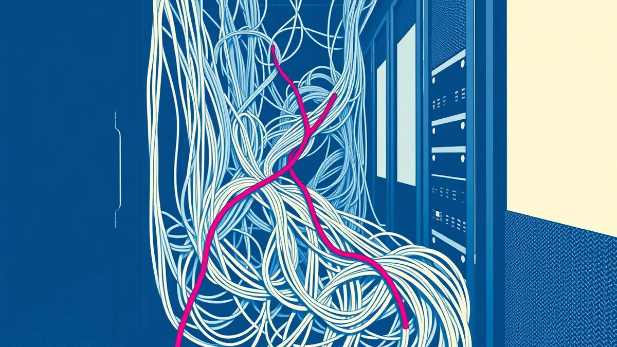 Illustration: A tangled nest of gray network cables snakes through a dark server room, slipping silently between blank equipment racks.