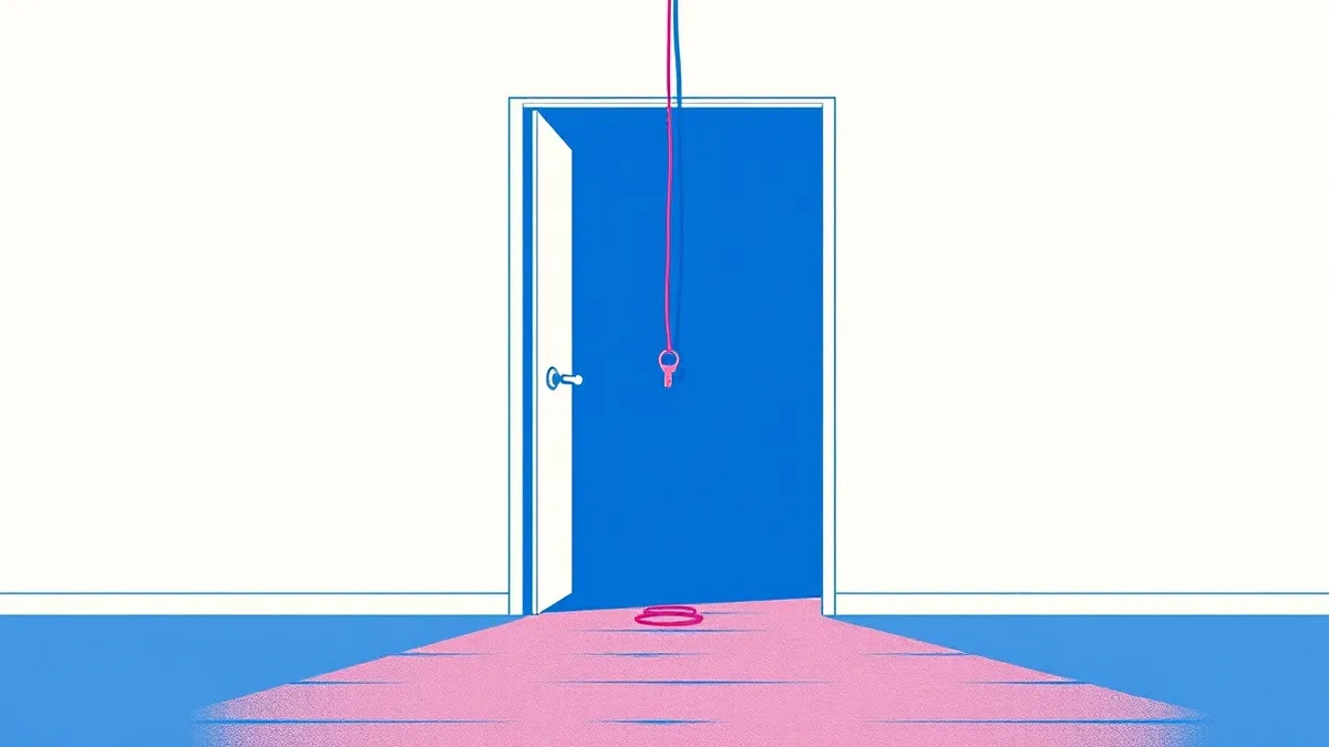 Illustration: A stark, open doorway stands in a blank white wall, inviting unseen visitors into a dark, empty room.