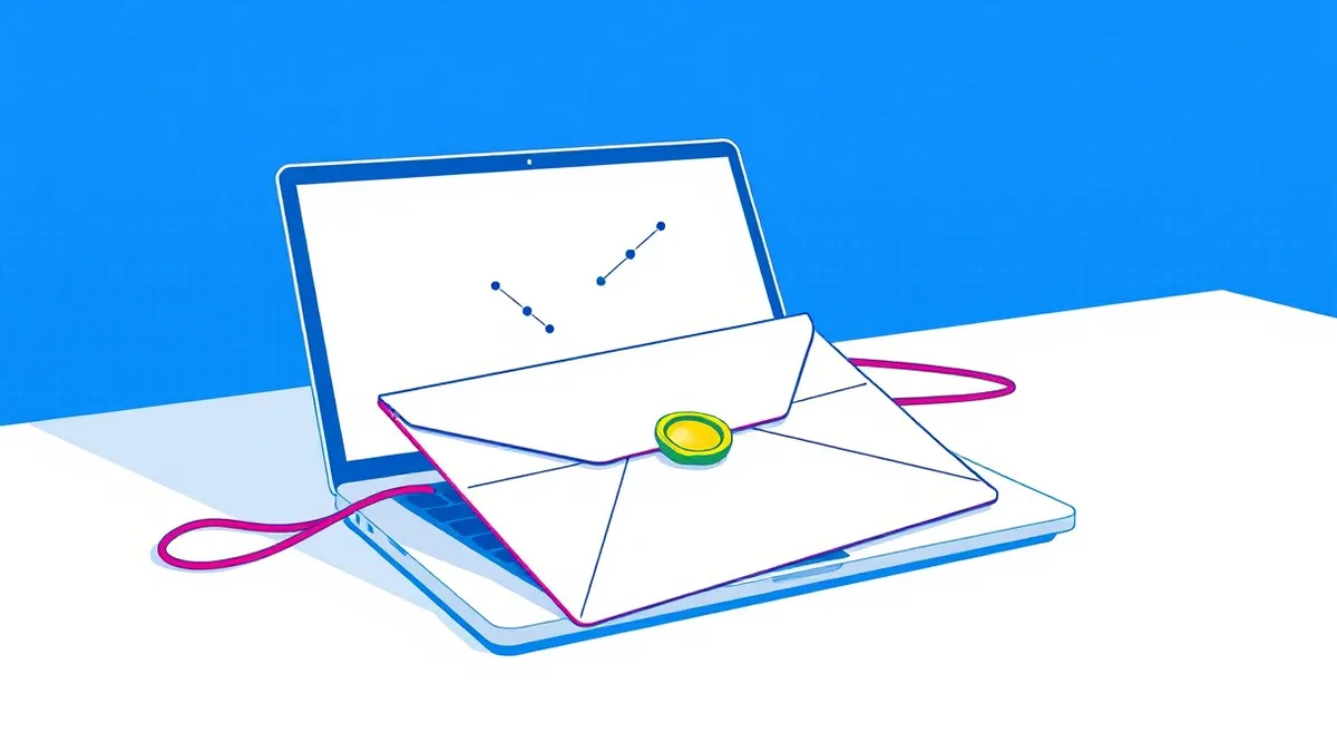Illustration: A pristine white desk holds a single envelope sealed with gold wax, resting beside a sleek laptop displaying abstract geometric nodes on a blank screen.