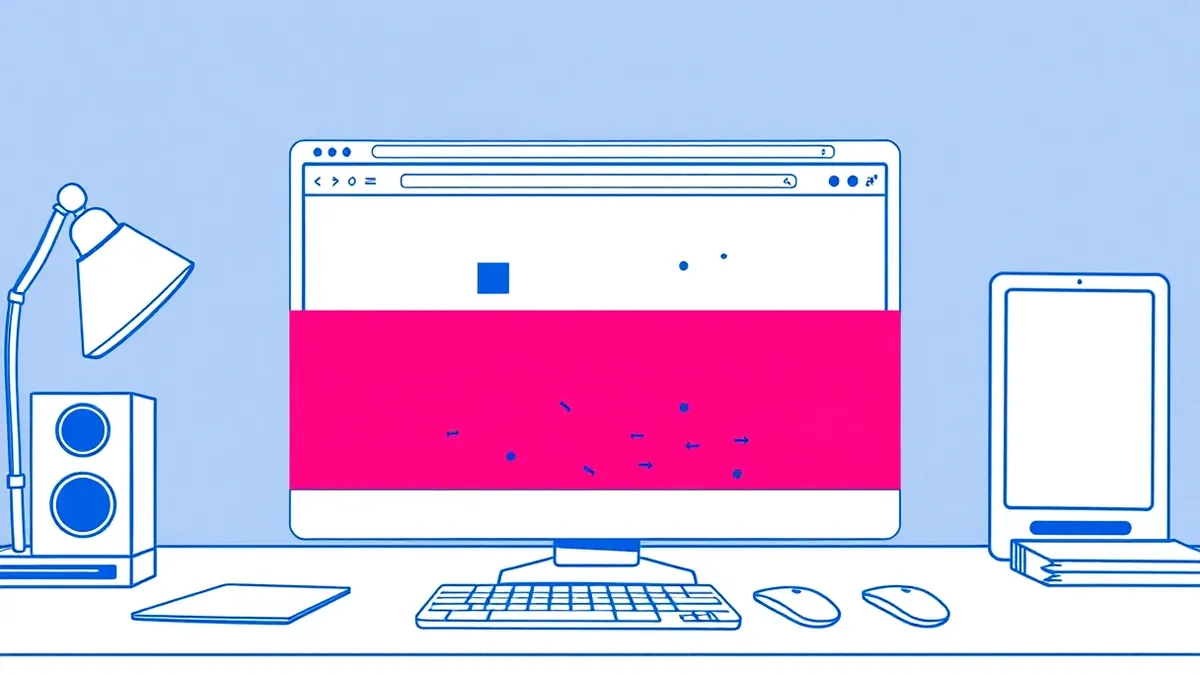 Illustration: A transparent browser window sits on a clean desk, displaying a blank webpage with simple geometric shapes.