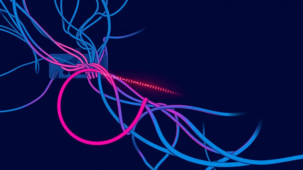 Illustration: A tangled knot of colorful data cables extends from a small office router into the darkness.