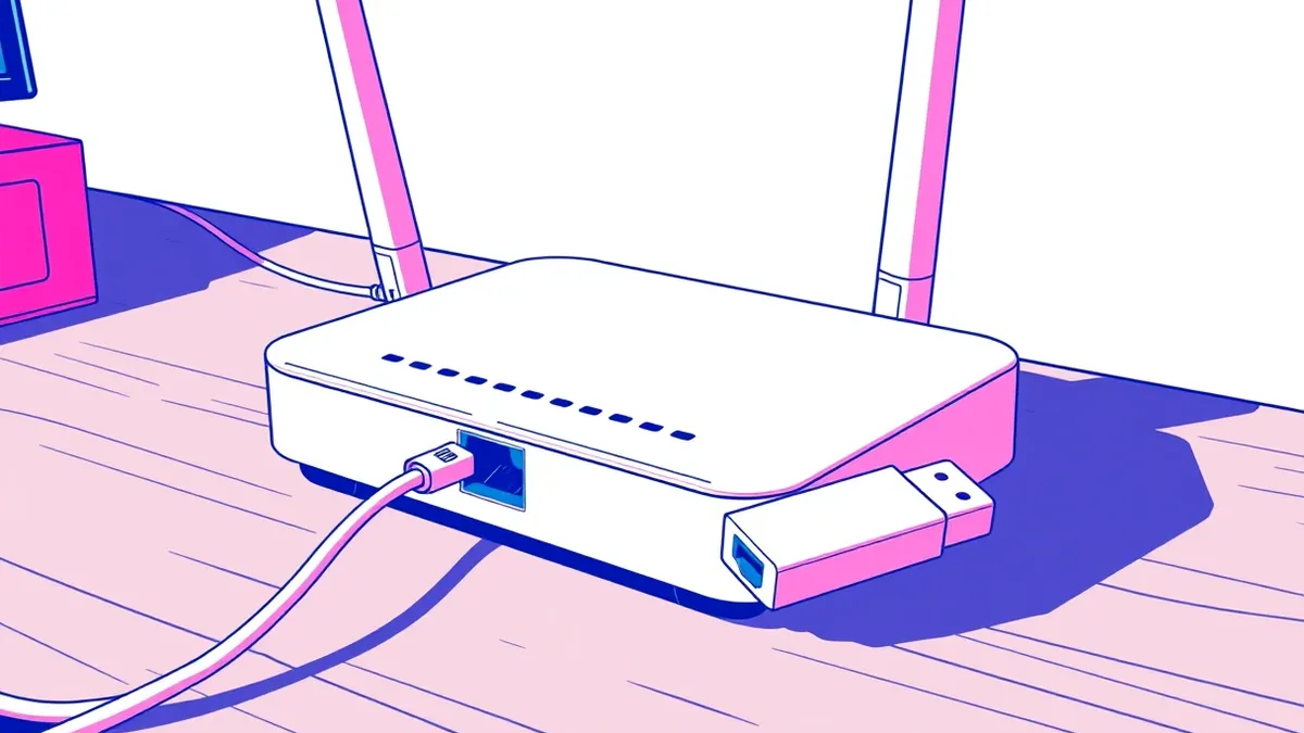 Illustration: A white wireless router sits on a wooden desk.