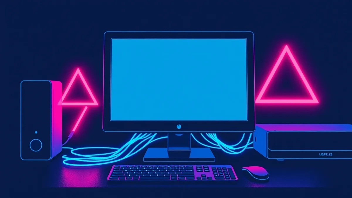 Illustration: A sleek black terminal monitor sits on a dark desk, its screen displaying a stark, blank interface with abstract red warning triangles.