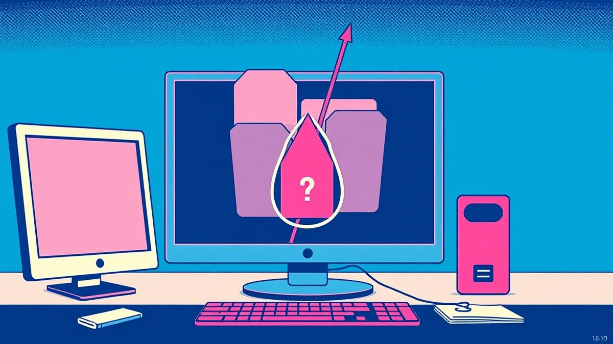 Illustration: A computer screen displays a file folder icon being pulled apart by a jagged red arrow that pierces through the folder boundaries and points directly at a glowing sys