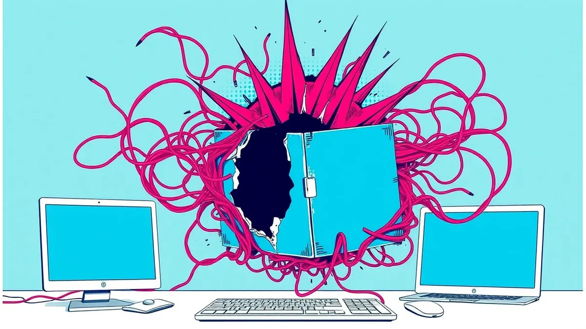 Illustration: A tangled web of red threads wraps tightly around a generic blue plugin box, pulling it apart to reveal a chaotic black hole inside.
