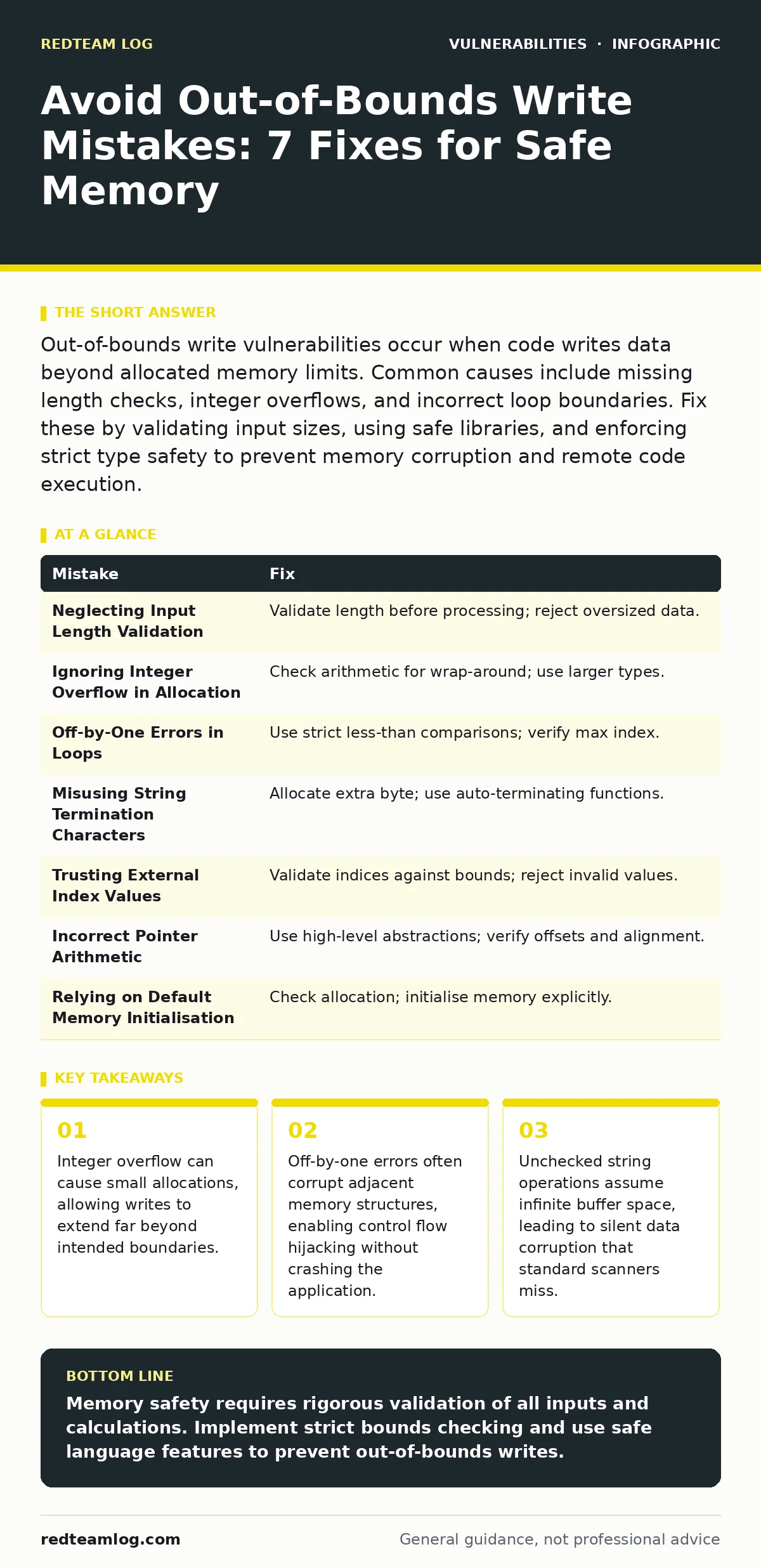 Infographic: Avoid Out-of-Bounds Write Mistakes: 7 Fixes for Safe Memory. Integer overflow can cause small allocations, allowing writes to extend far beyond intended boundaries. Off-by-one errors often corrupt adjacent memory structures, enabling control flow hijacking without crashing the applicati