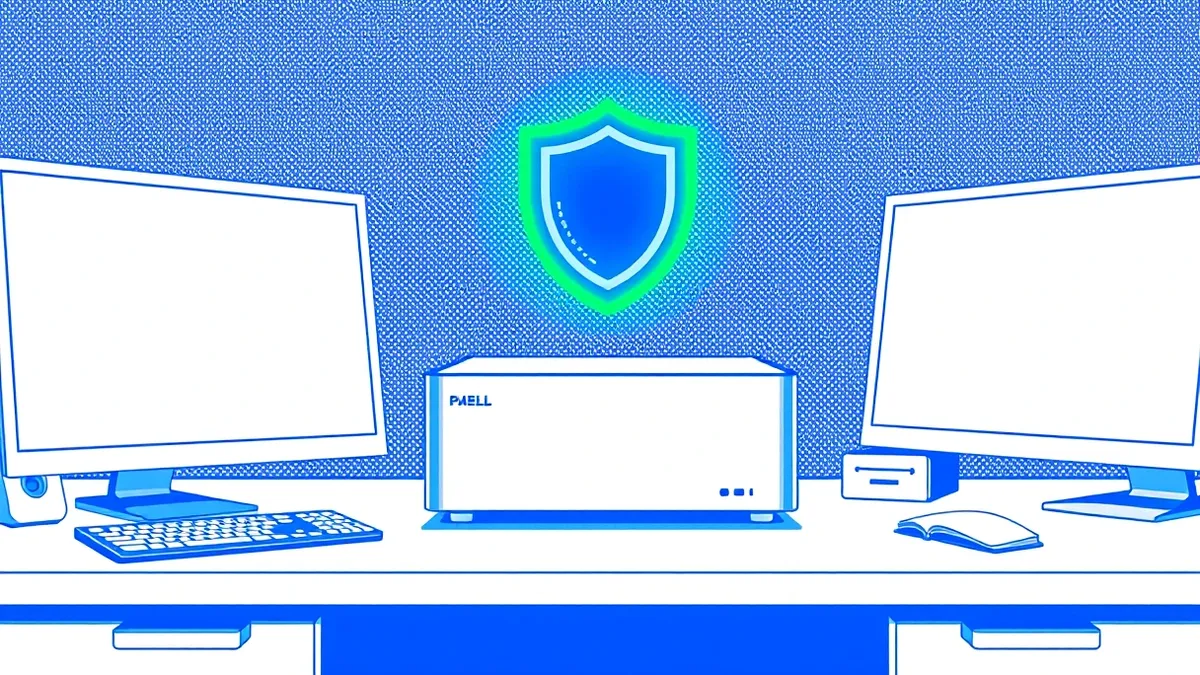 Illustration: A sleek silver security appliance sits on a clean white desk with a glowing green shield icon floating above it, symbolizing the patched identity verification system 