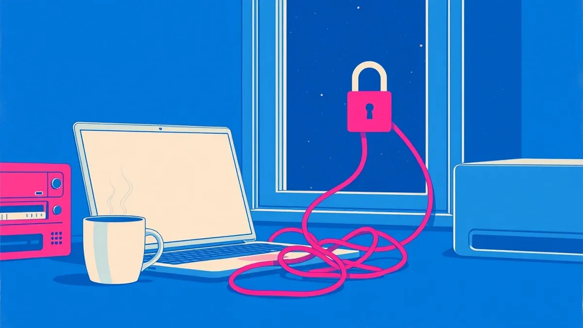 Illustration: A sleek office desk holds a closed laptop next to a steaming coffee mug.